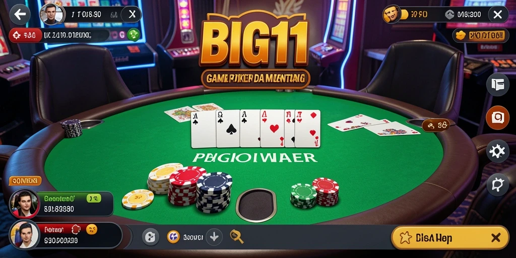 Tampilan antarmuka pengguna BIG11 yang menampilkan meja poker klasik dan fitur interaktif.