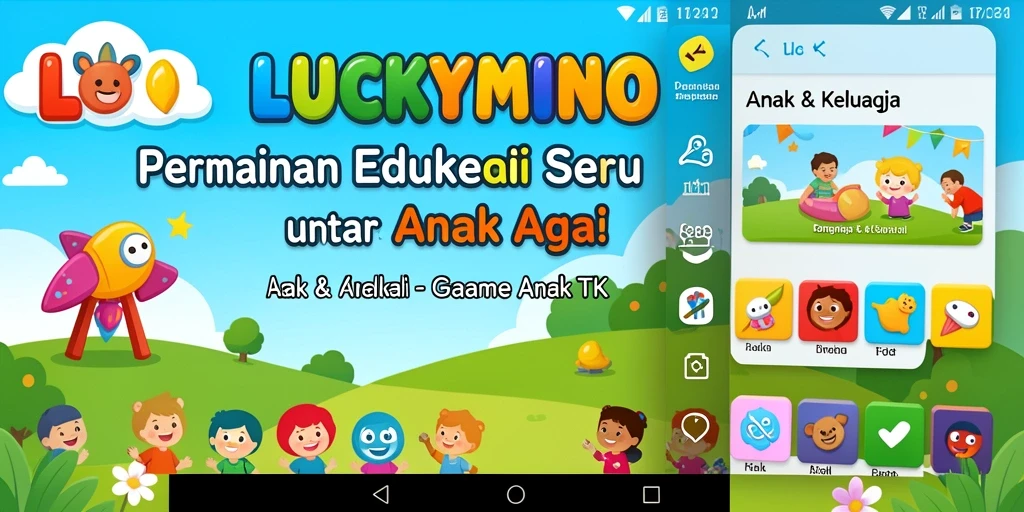 Antarmuka LUCKYMINO yang ceria dan interaktif untuk anak-anak.