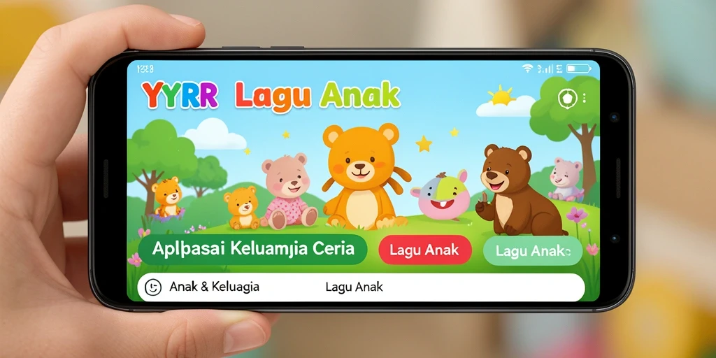 Antarmuka aplikasi YYRR dengan fitur lagu anak yang ceria.